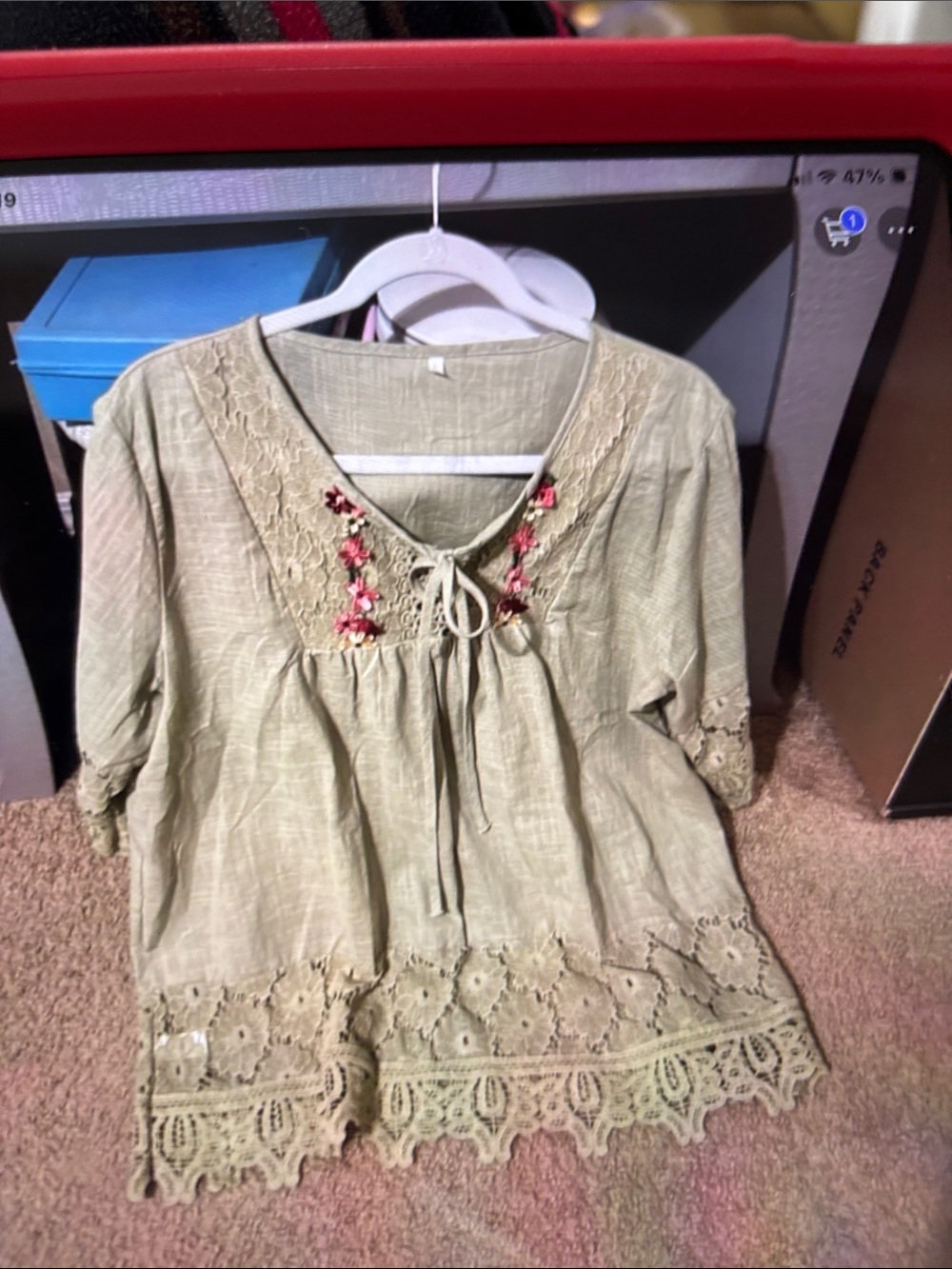 Source Unknown Olive Green Lace-Trim Boho Peasant Blouse